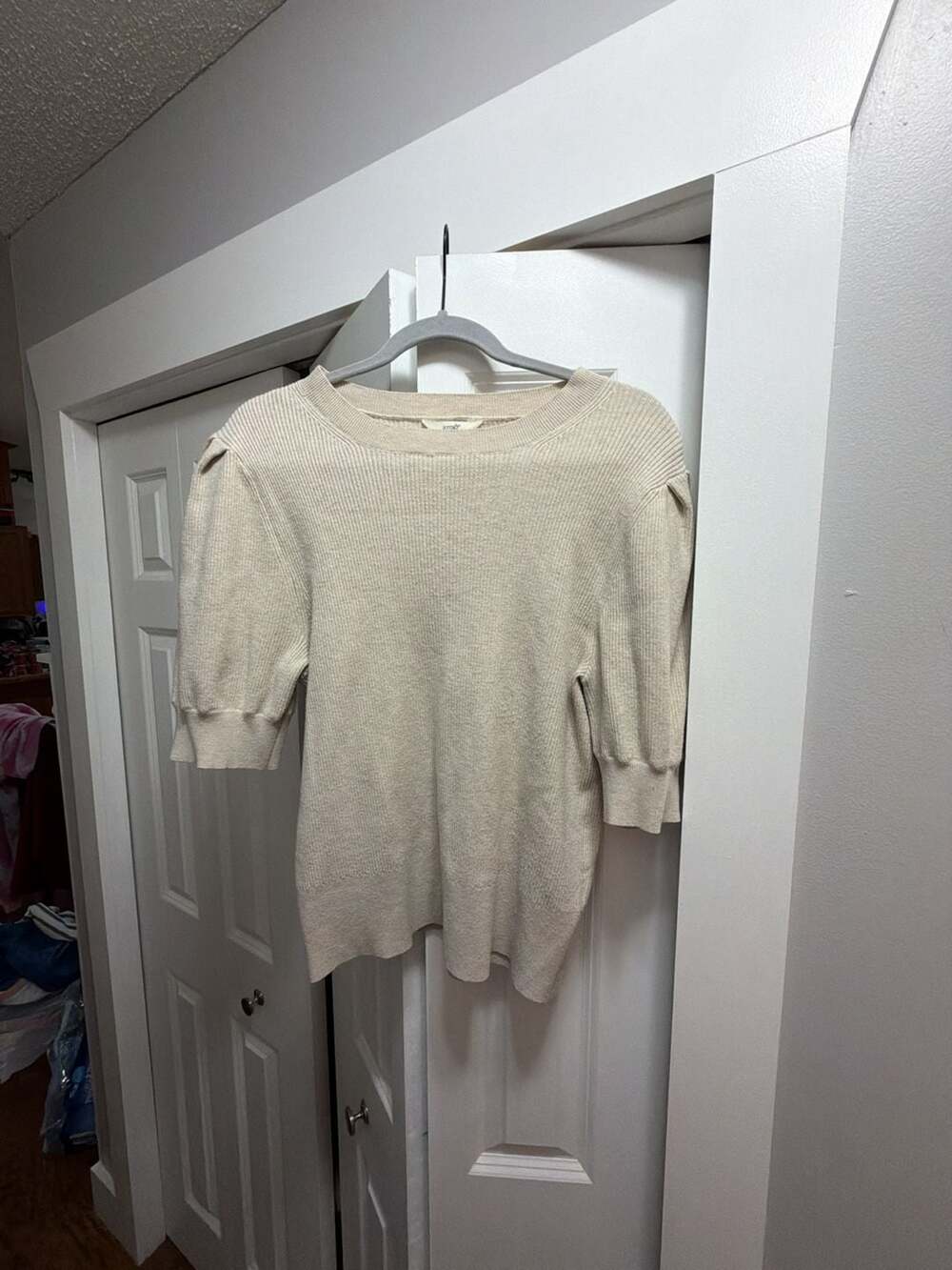 Terra & Sky Puff Sleeve Sweater Size 1X Beige Ribbed Knit Top